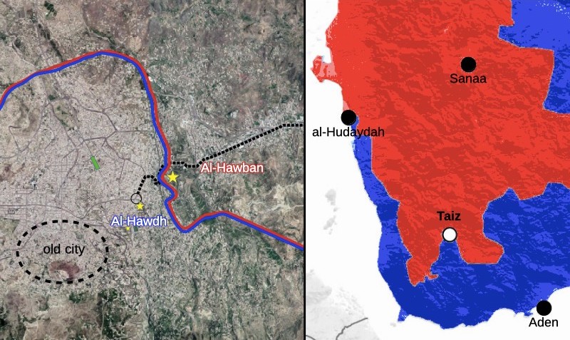 carte du front à travers Taez et à l'échelle du pays
